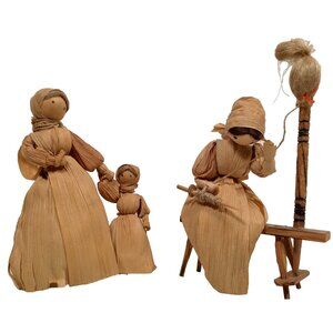 Vintage Handmade Cornhusk Doll Pair Mom Daughter Woman Spinning Yarn Folk Art